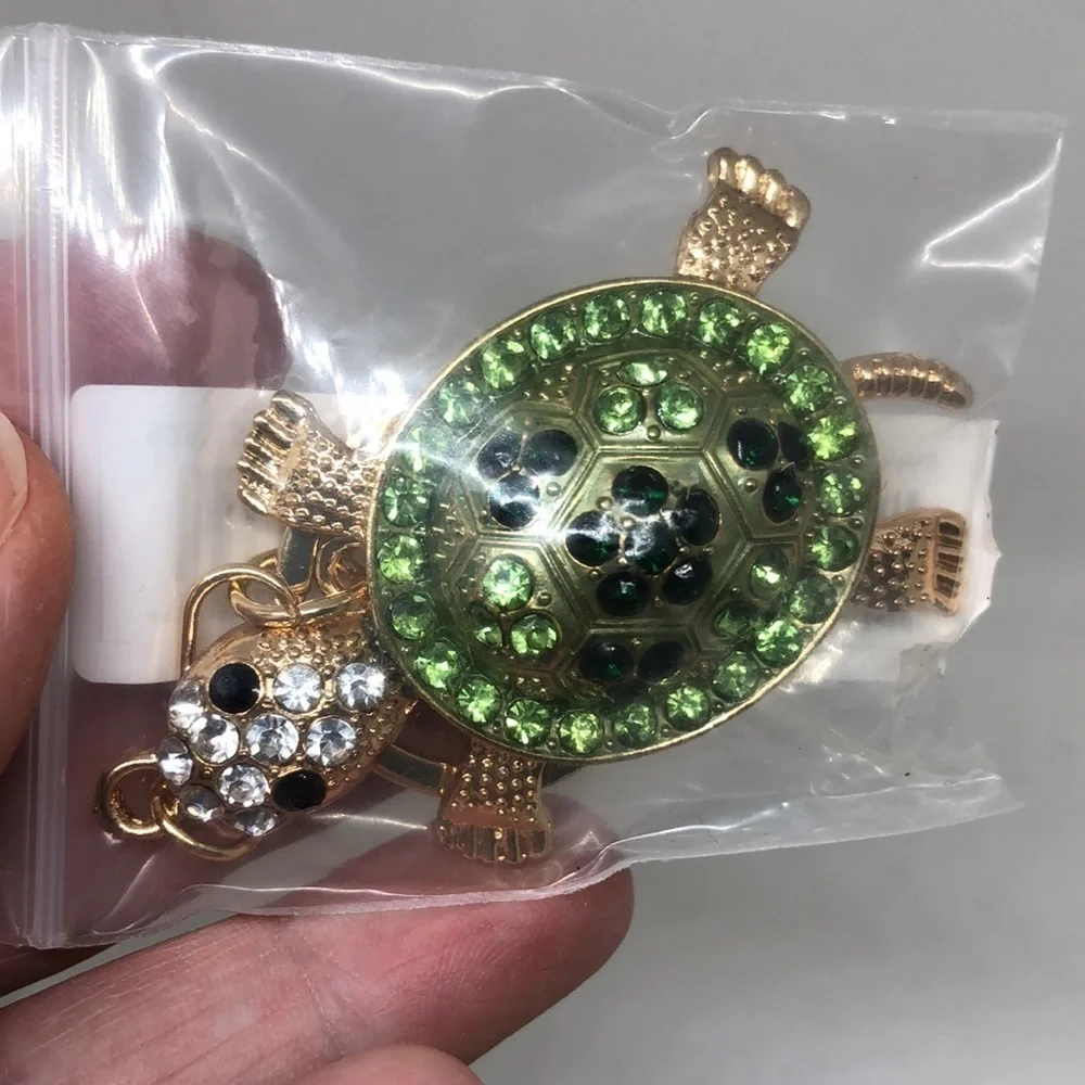 Green and Gold Tone Sea Turtle Tortoise Rhinestone Keychain Bag Charm Pendent